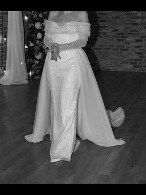 Off-Shoulder White Sequin Bridal Gown with Overskirt